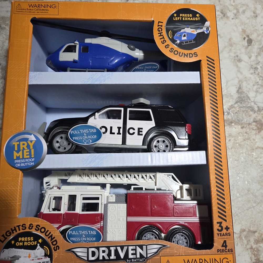 Lights & Sounds Toy Vehicle Set - Police Car, Fire Truck, Helicopter
